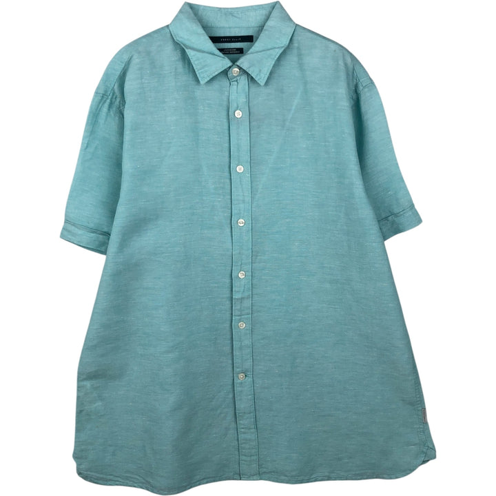 Perry Ellis short-sleeved linen shirt, men's size L (approx.) linen Blue type light blue Vintage Second Hand