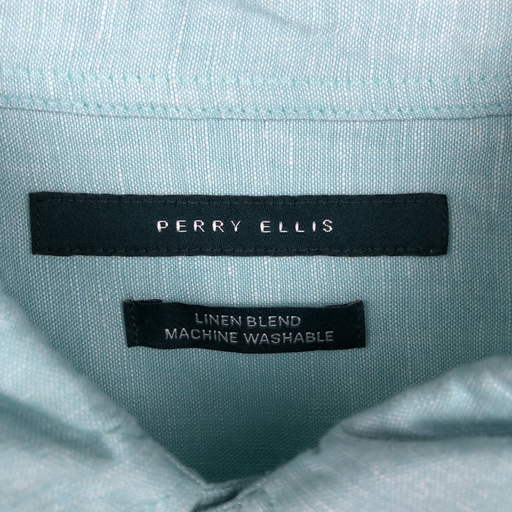 Perry Ellis short-sleeved linen shirt, men's size L (approx.) linen Blue type light blue Vintage Second Hand