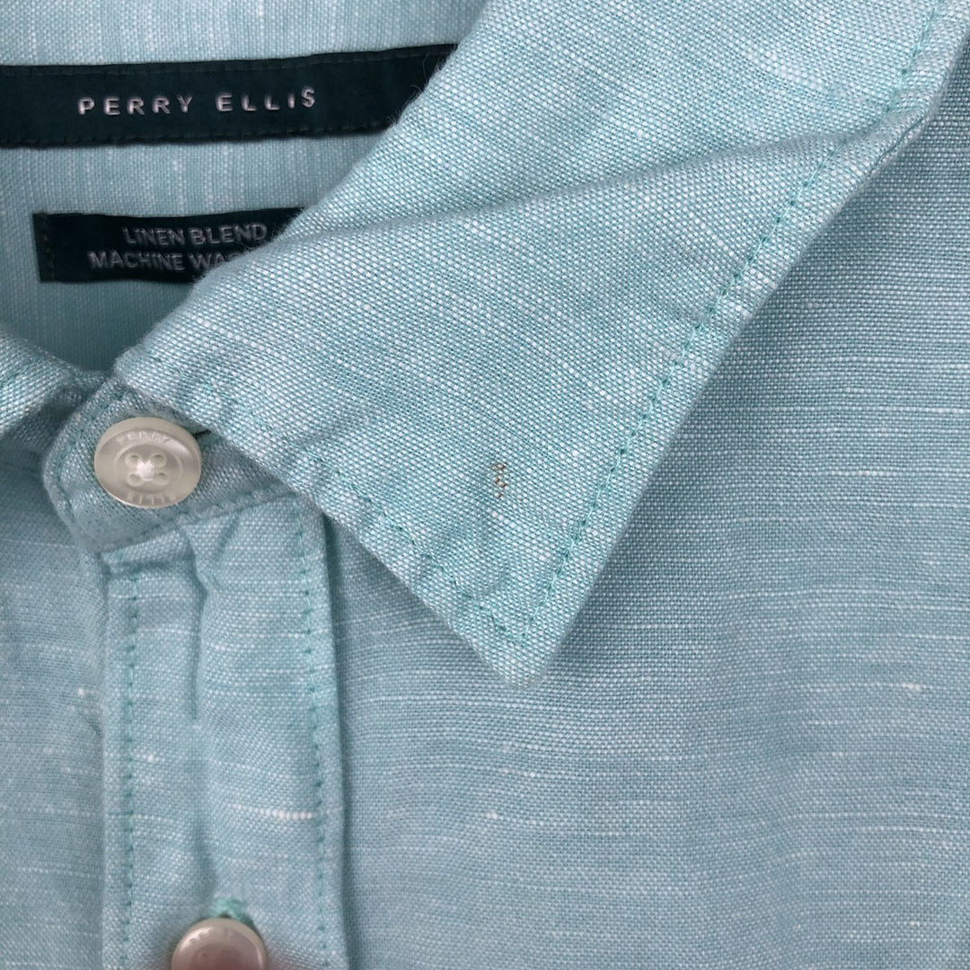 Perry Ellis short-sleeved linen shirt, men's size L (approx.) linen Blue type light blue Vintage Second Hand