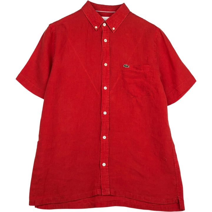 Lacoste Regular Fit Short-Sleeve Linen Button-Down Shirt, Boxy Shirt, Men's Size M (approx.) linen red type Vintage Second Hand