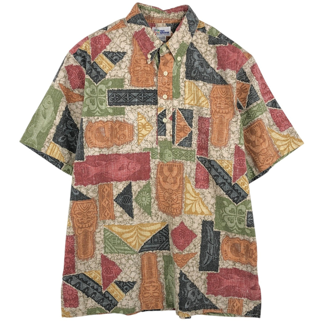 90'S Reyn Spooner swimwear tag, bikini tag, all-over print, button-down, Hawaiian Aloha shirt, boxy shirt, made in Hawaii. cotton red type Vintage Second Hand