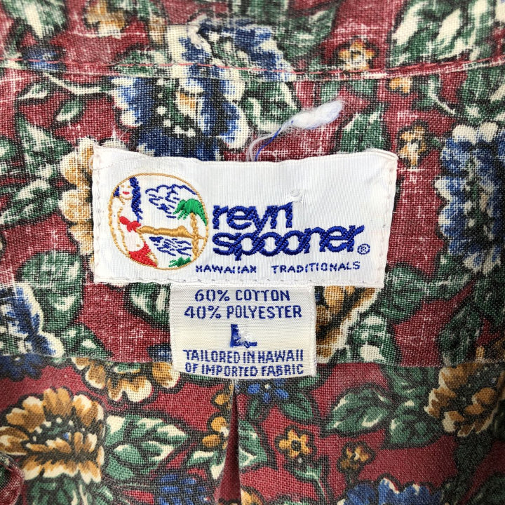 90'S Reyn Spooner swimwear tag, bikini tag, floral Hawaiian aloha shirt, boxy shirt, made in Hawaii, men's size L equivalent. cotton red type Vintage Second Hand