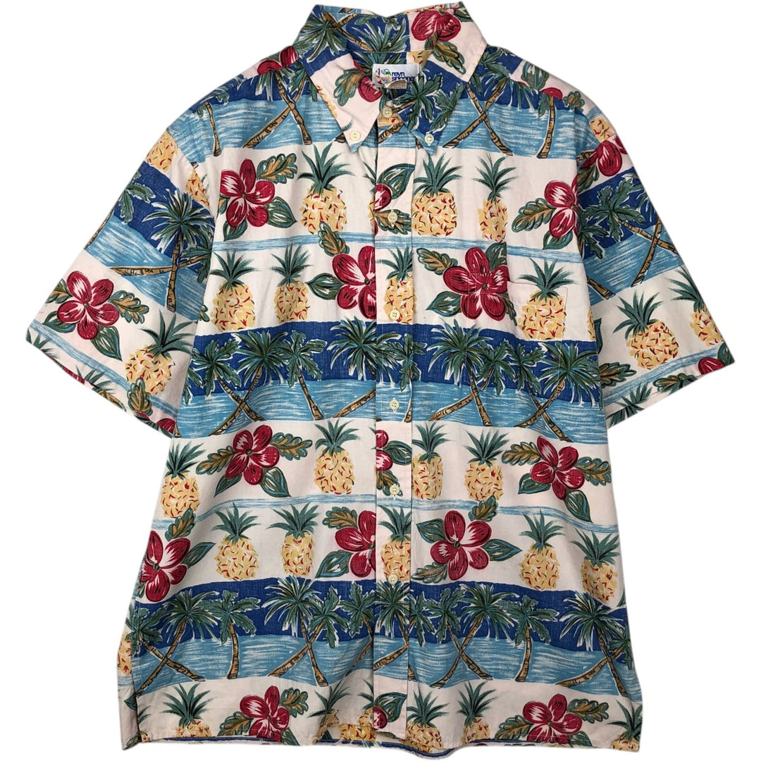 Reyn Spooner swimwear tag, bikini tag, hibiscus pattern, Hawaiian aloha shirt, boxy shirt, made in Hawaii, men's size L. cotton red type Vintage Second Hand