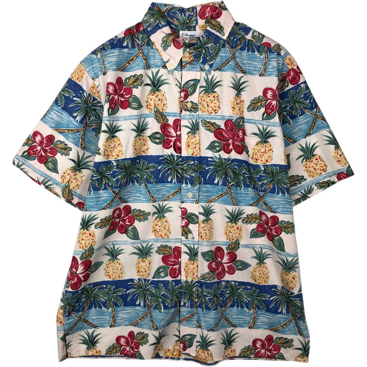 Reyn Spooner swimwear tag, bikini tag, hibiscus pattern, Hawaiian aloha shirt, boxy shirt, made in Hawaii, men's size L. cotton red type Vintage Second Hand