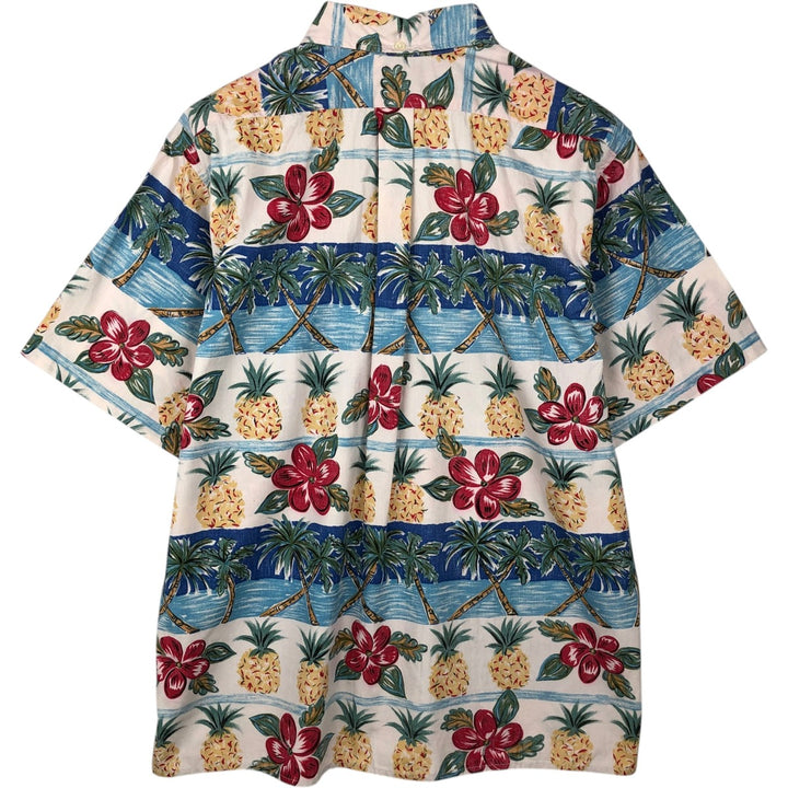 Reyn Spooner swimwear tag, bikini tag, hibiscus pattern, Hawaiian aloha shirt, boxy shirt, made in Hawaii, men's size L. cotton red type Vintage Second Hand