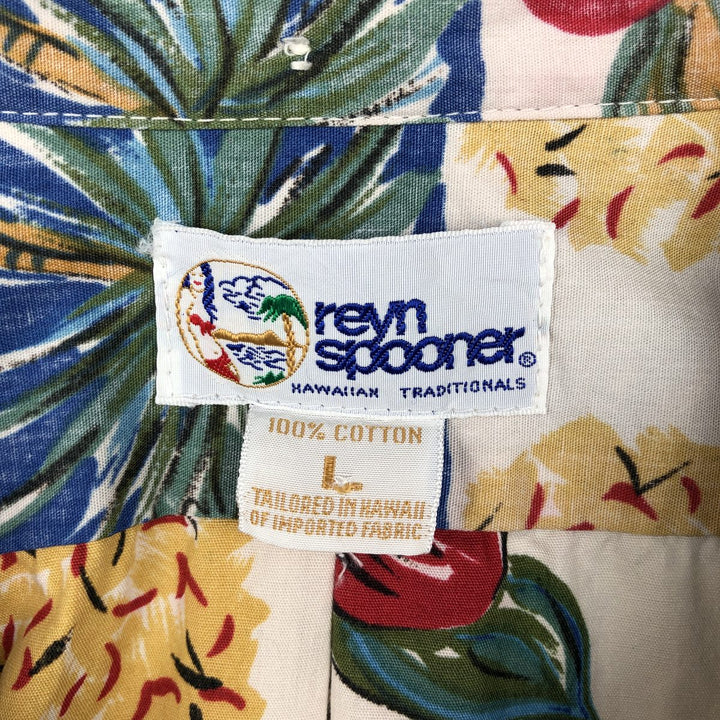 Reyn Spooner swimwear tag, bikini tag, hibiscus pattern, Hawaiian aloha shirt, boxy shirt, made in Hawaii, men's size L. cotton red type Vintage Second Hand