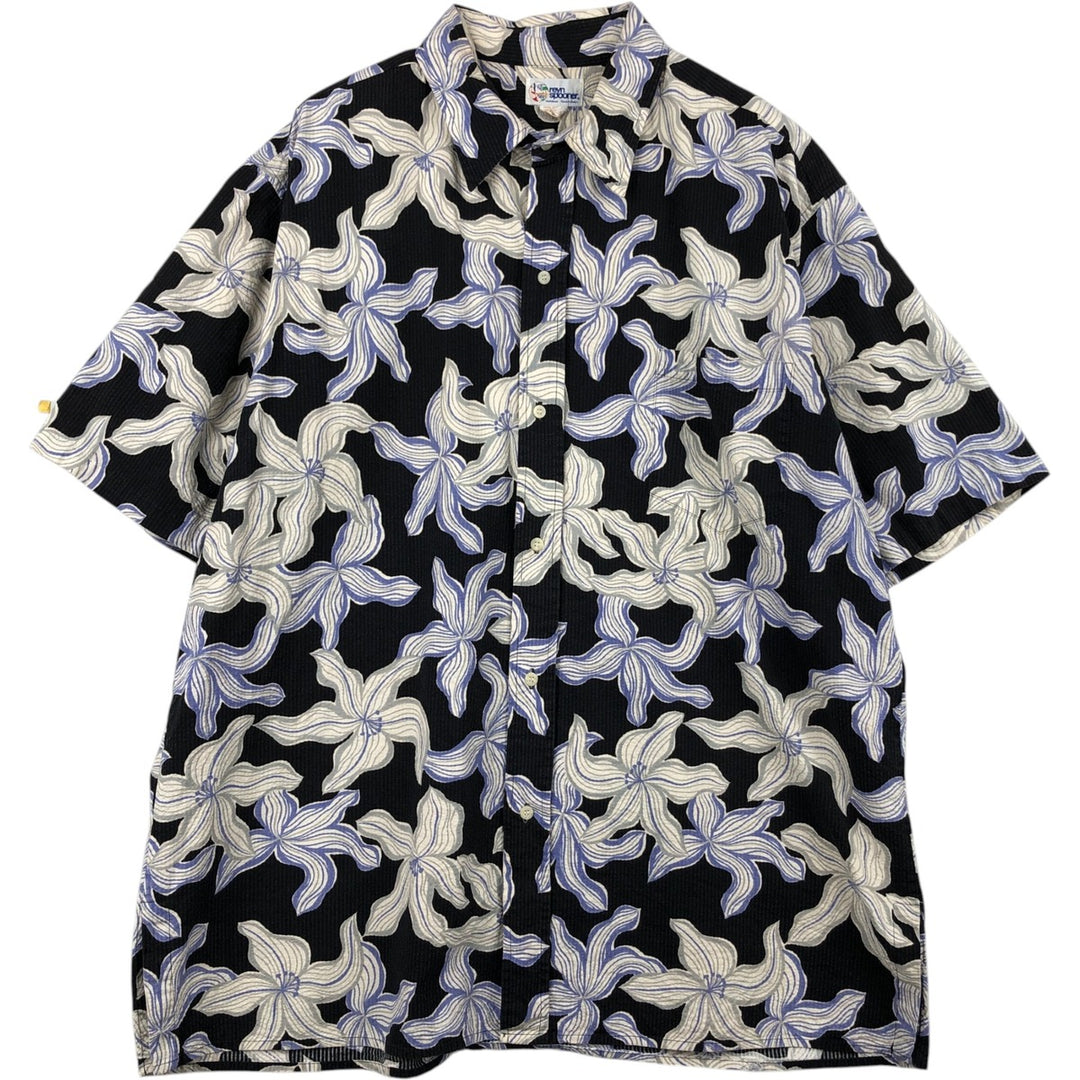 90'S Reyn Spooner swimwear tag, bikini tag, all-over floral print, Hawaiian Aloha shirt, boxy shirt, men's size XXL equivalent. cotton black type Vintage Second Hand