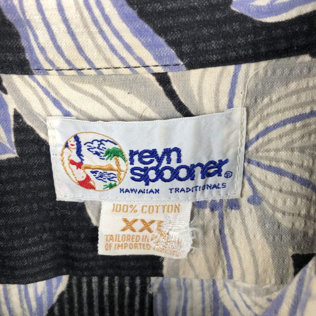 90'S Reyn Spooner swimwear tag, bikini tag, all-over floral print, Hawaiian Aloha shirt, boxy shirt, men's size XXL equivalent. cotton black type Vintage Second Hand