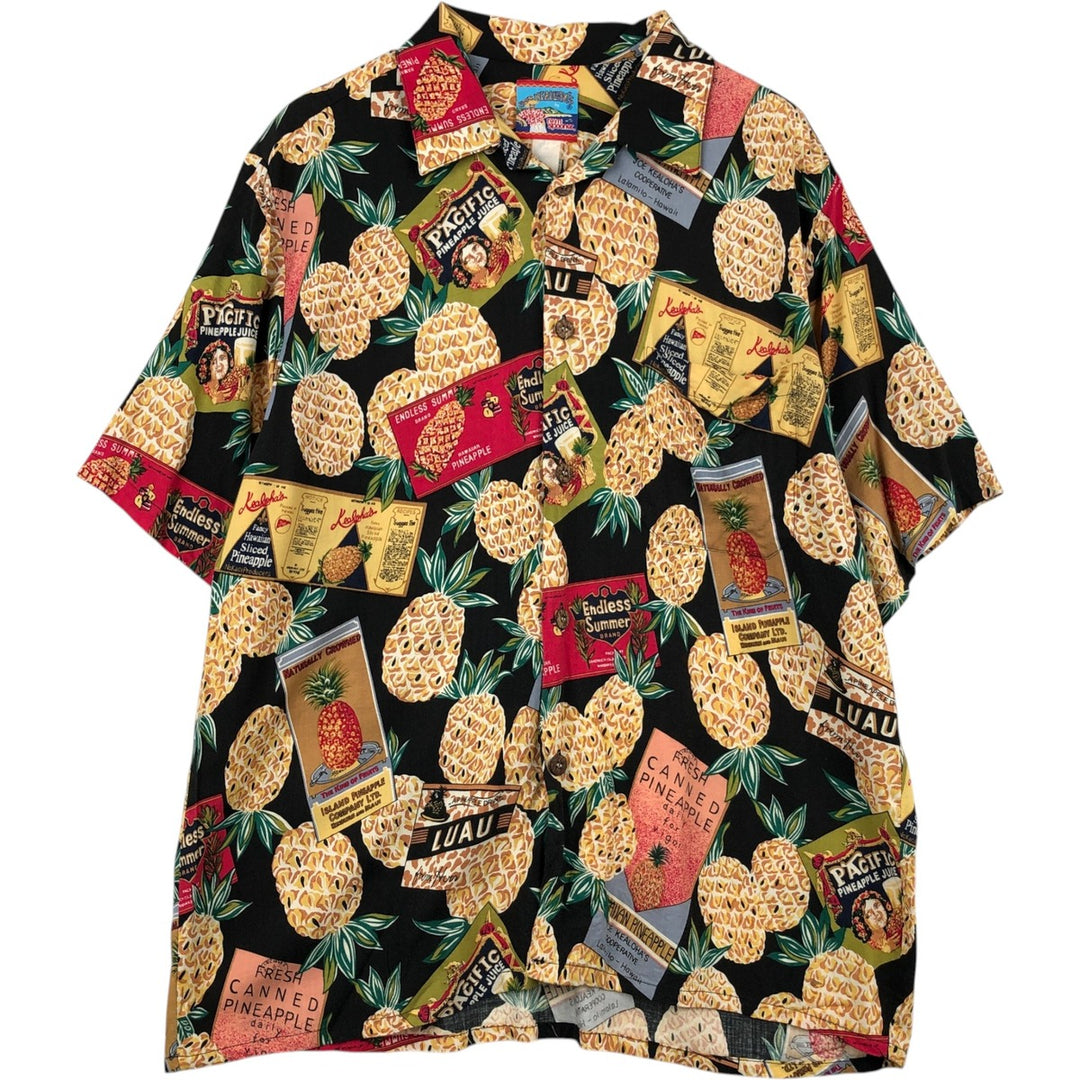 80s-90'S Reyn Spooner Joe Kealohas all-over print rayon open-collar aloha shirt, men's size L equivalent, vintage. unclear black type Vintage Second Hand