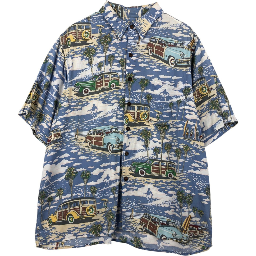 Reyn Spooner ART OF EDDY Y all-over print rayon Hawaiian Aloha shirt, boxy style, made in Hawaii, men's size L equivalent. Rayon Blue type light blue Vintage Second Hand