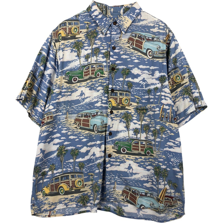 Reyn Spooner ART OF EDDY Y all-over print rayon Hawaiian Aloha shirt, boxy style, made in Hawaii, men's size L equivalent. Rayon Blue type light blue Vintage Second Hand