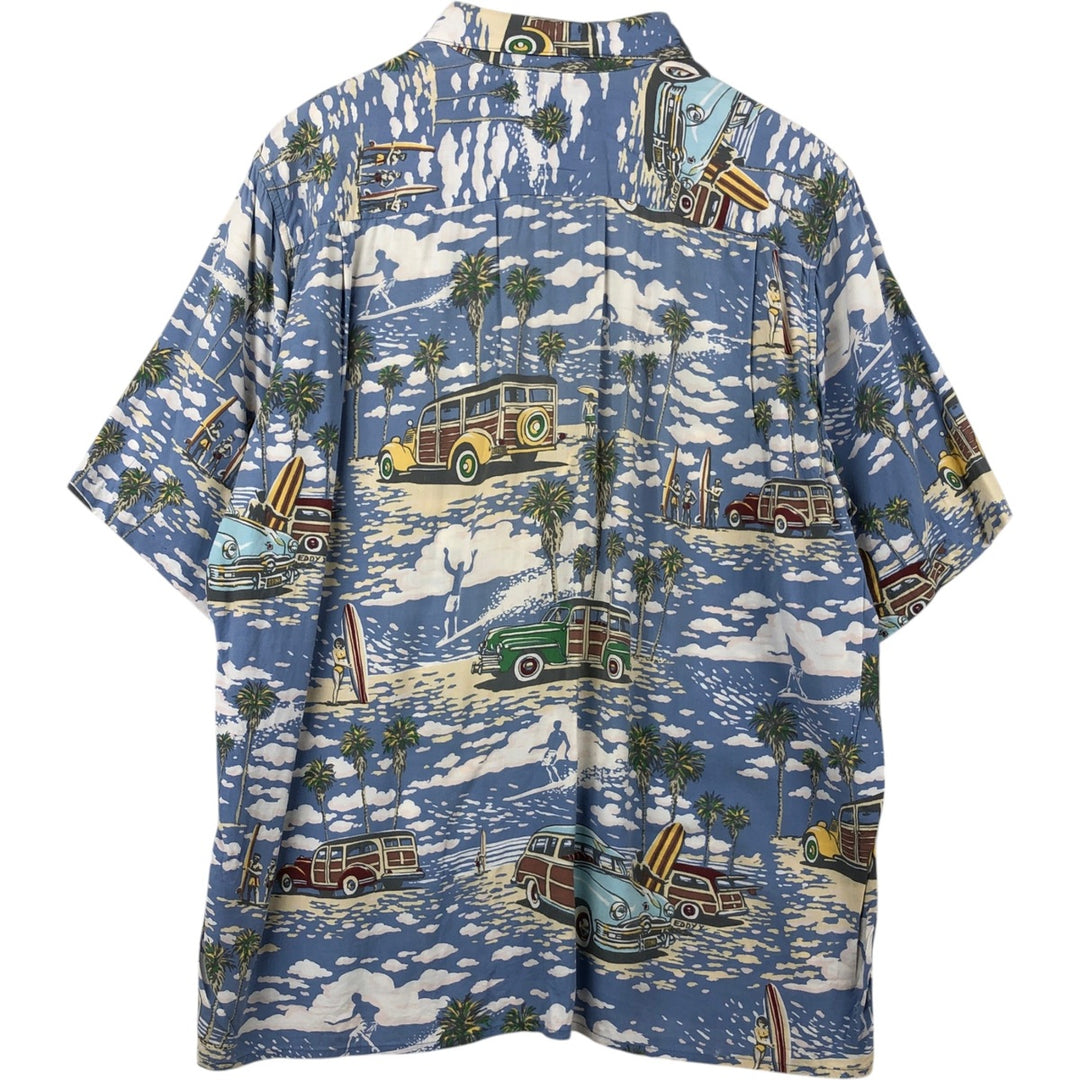 Reyn Spooner ART OF EDDY Y all-over print rayon Hawaiian Aloha shirt, boxy style, made in Hawaii, men's size L equivalent. Rayon Blue type light blue Vintage Second Hand