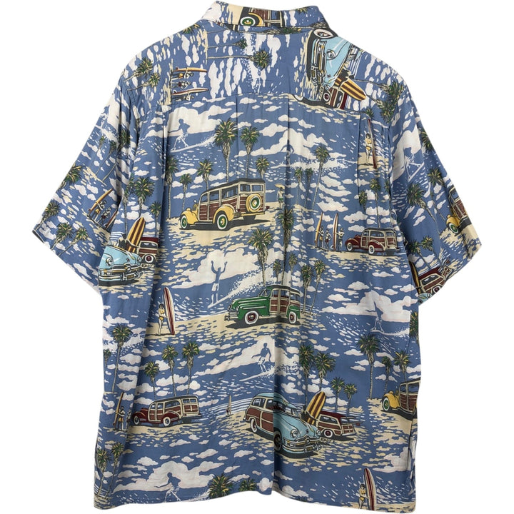 Reyn Spooner ART OF EDDY Y all-over print rayon Hawaiian Aloha shirt, boxy style, made in Hawaii, men's size L equivalent. Rayon Blue type light blue Vintage Second Hand
