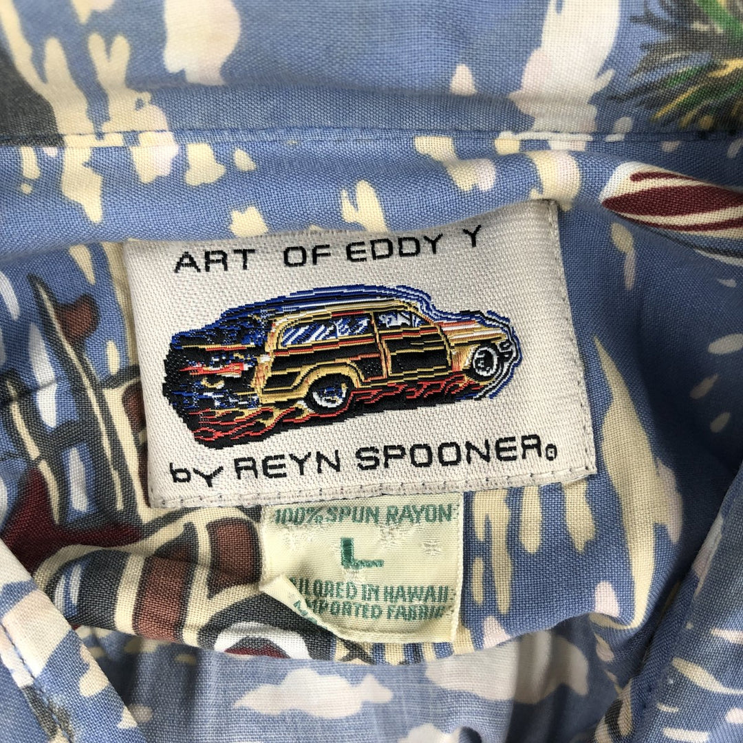 Reyn Spooner ART OF EDDY Y all-over print rayon Hawaiian Aloha shirt, boxy style, made in Hawaii, men's size L equivalent. Rayon Blue type light blue Vintage Second Hand