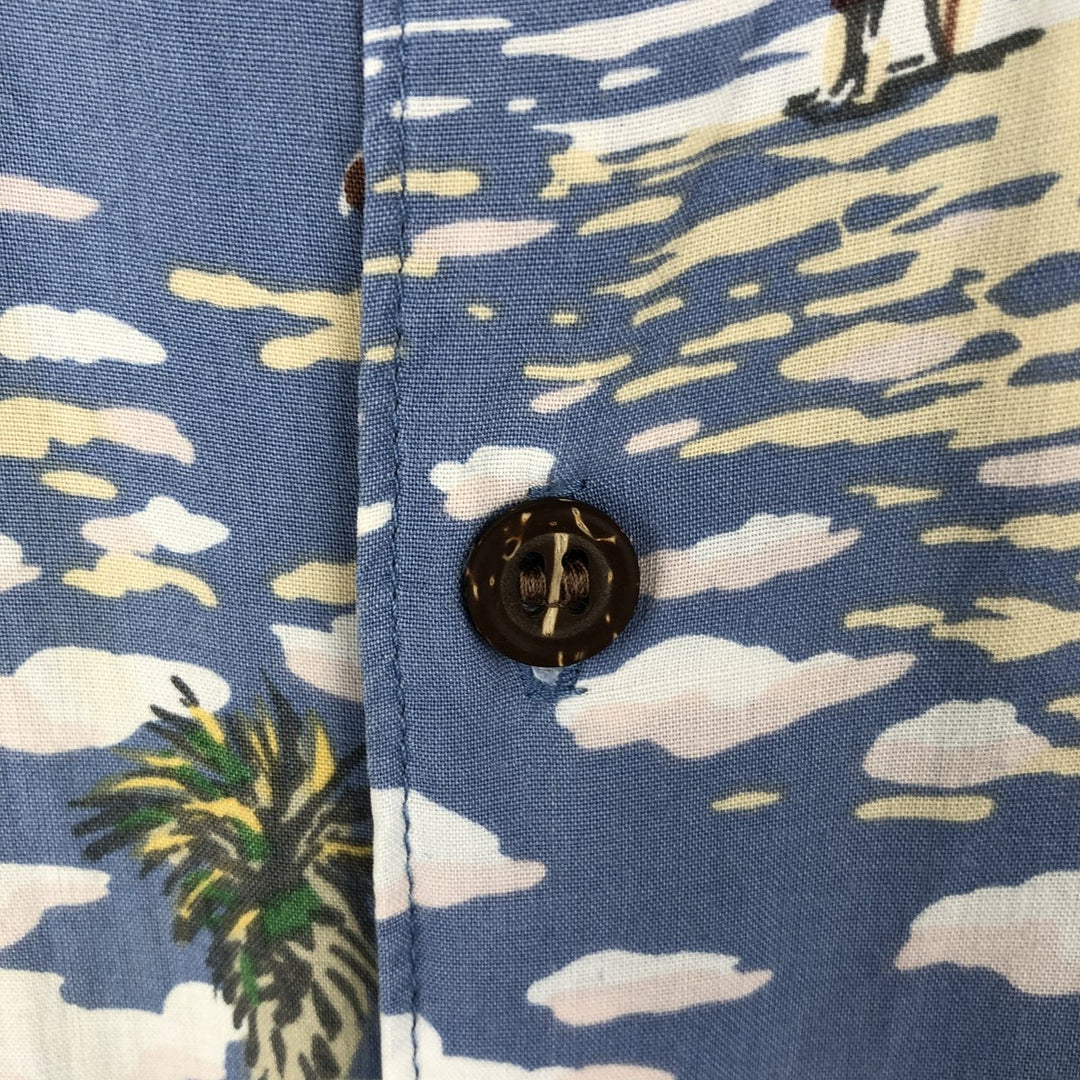 Reyn Spooner ART OF EDDY Y all-over print rayon Hawaiian Aloha shirt, boxy style, made in Hawaii, men's size L equivalent. Rayon Blue type light blue Vintage Second Hand