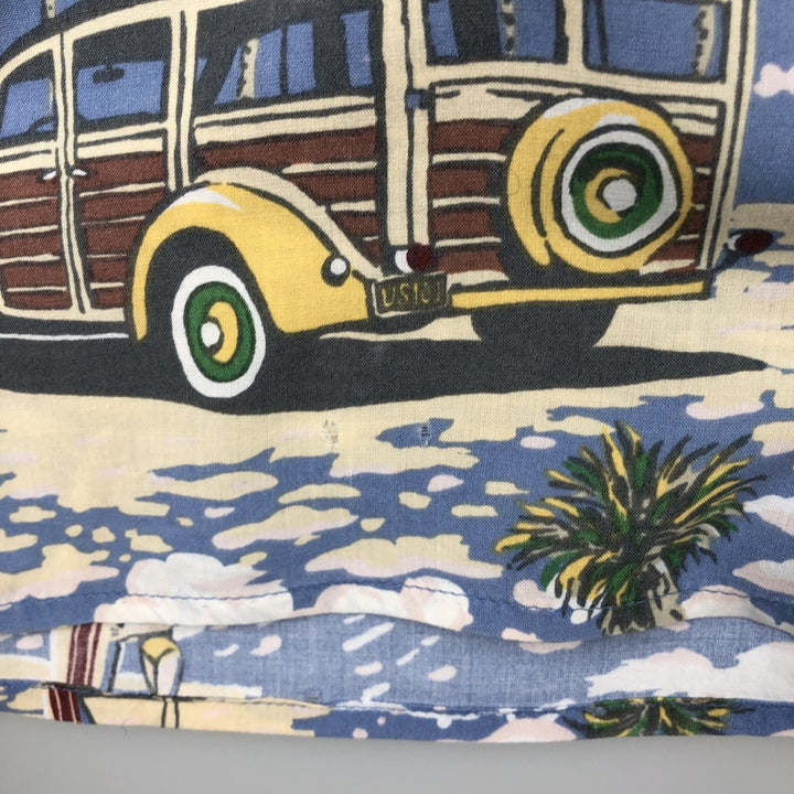 Reyn Spooner ART OF EDDY Y all-over print rayon Hawaiian Aloha shirt, boxy style, made in Hawaii, men's size L equivalent. Rayon Blue type light blue Vintage Second Hand