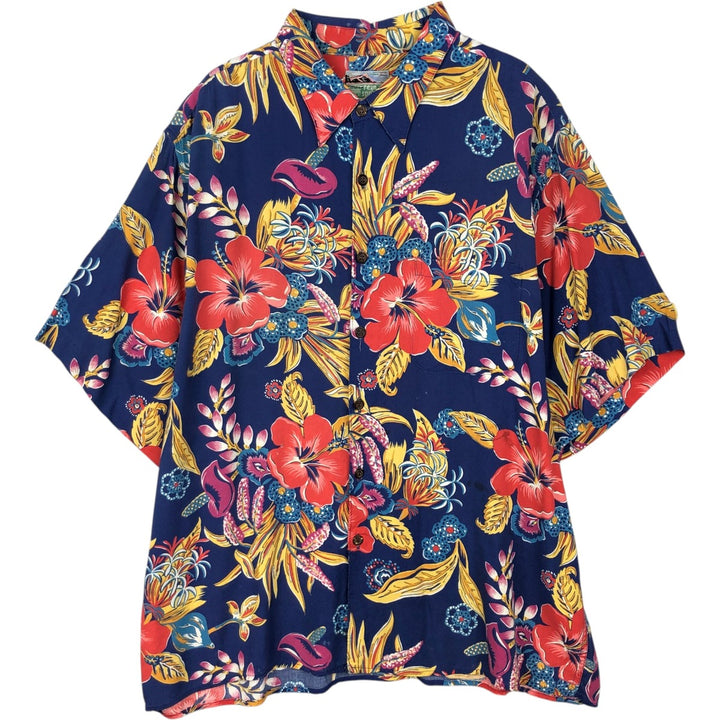 80s-90'S Reyn Spooner Diamond Head Tag Hibiscus Pattern Rayon Aloha Shirt, Boxy Shirt, Men's XL (approx.) Rayon navy blue type Vintage Second Hand