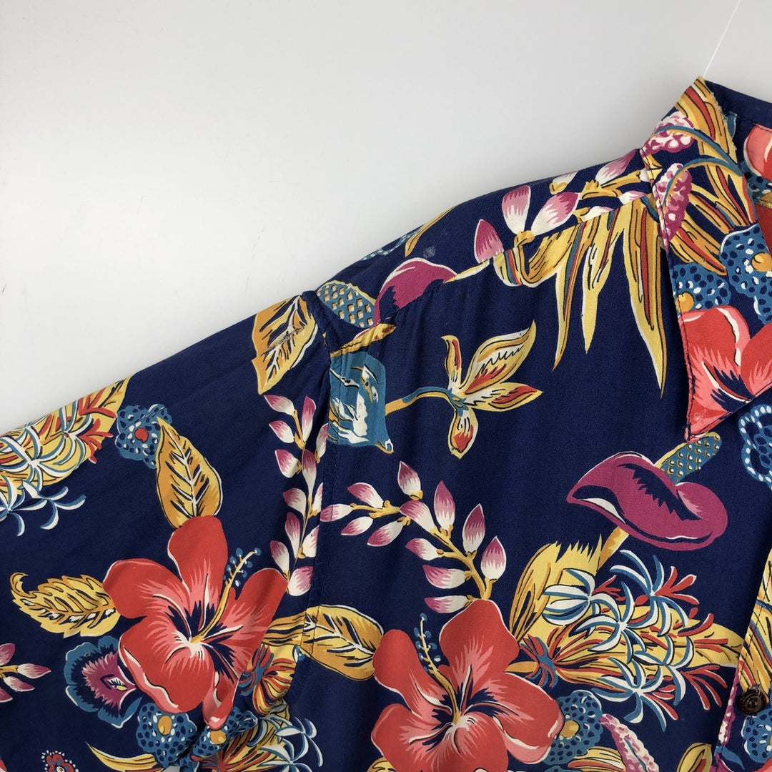 80s-90'S Reyn Spooner Diamond Head Tag Hibiscus Pattern Rayon Aloha Shirt, Boxy Shirt, Men's XL (approx.) Rayon navy blue type Vintage Second Hand