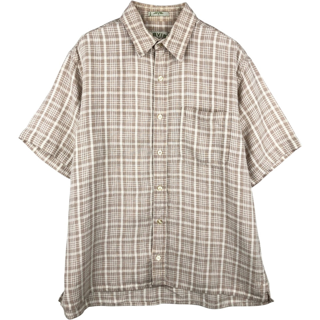 Orvis Check Pattern Short-Sleeve Linen Shirt, Boxy Shirt, Men's Size L (approx.) linen beige type brown Vintage Second Hand