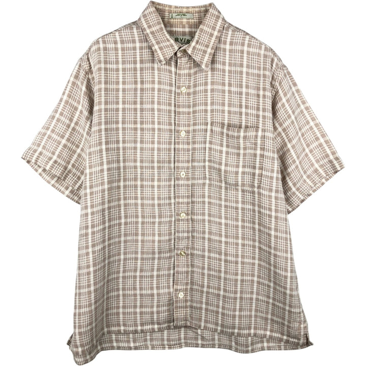 Orvis Check Pattern Short-Sleeve Linen Shirt, Boxy Shirt, Men's Size L (approx.) linen beige type brown Vintage Second Hand