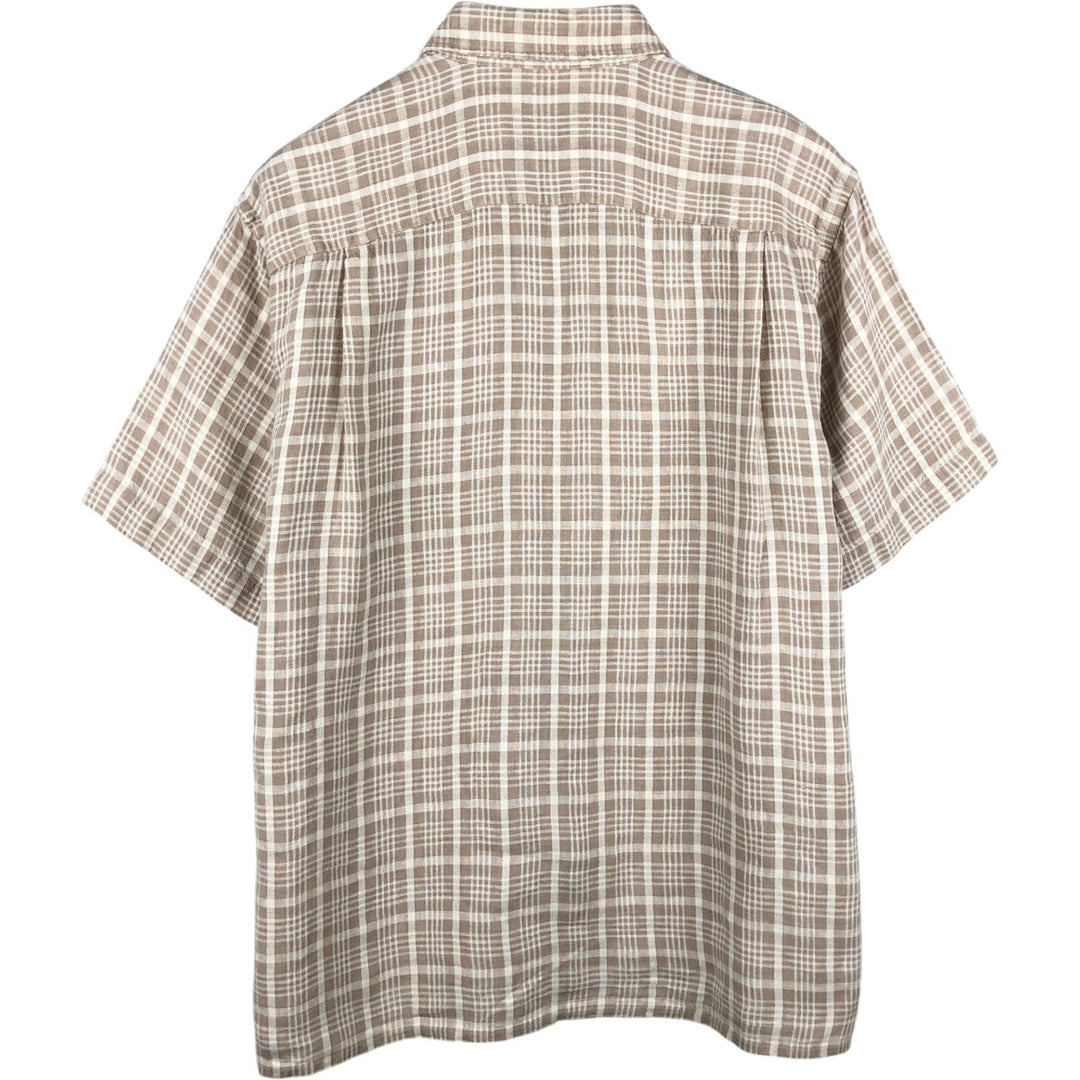 Orvis Check Pattern Short-Sleeve Linen Shirt, Boxy Shirt, Men's Size L (approx.) linen beige type brown Vintage Second Hand