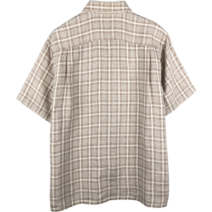 Orvis Check Pattern Short-Sleeve Linen Shirt, Boxy Shirt, Men's Size L (approx.) linen beige type brown Vintage Second Hand