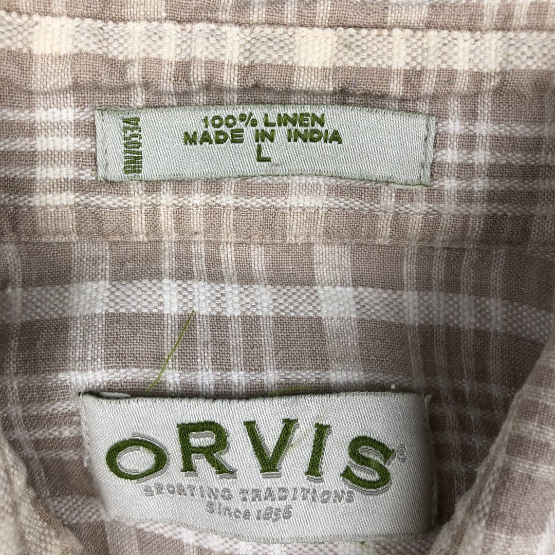 Orvis Check Pattern Short-Sleeve Linen Shirt, Boxy Shirt, Men's Size L (approx.) linen beige type brown Vintage Second Hand