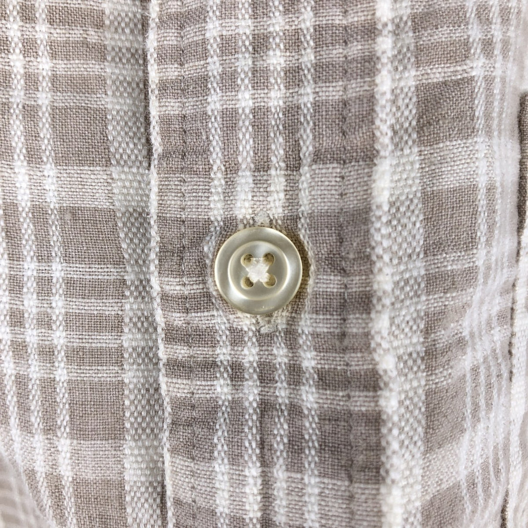 Orvis Check Pattern Short-Sleeve Linen Shirt, Boxy Shirt, Men's Size L (approx.) linen beige type brown Vintage Second Hand