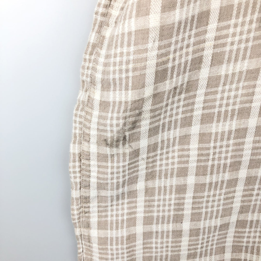Orvis Check Pattern Short-Sleeve Linen Shirt, Boxy Shirt, Men's Size L (approx.) linen beige type brown Vintage Second Hand