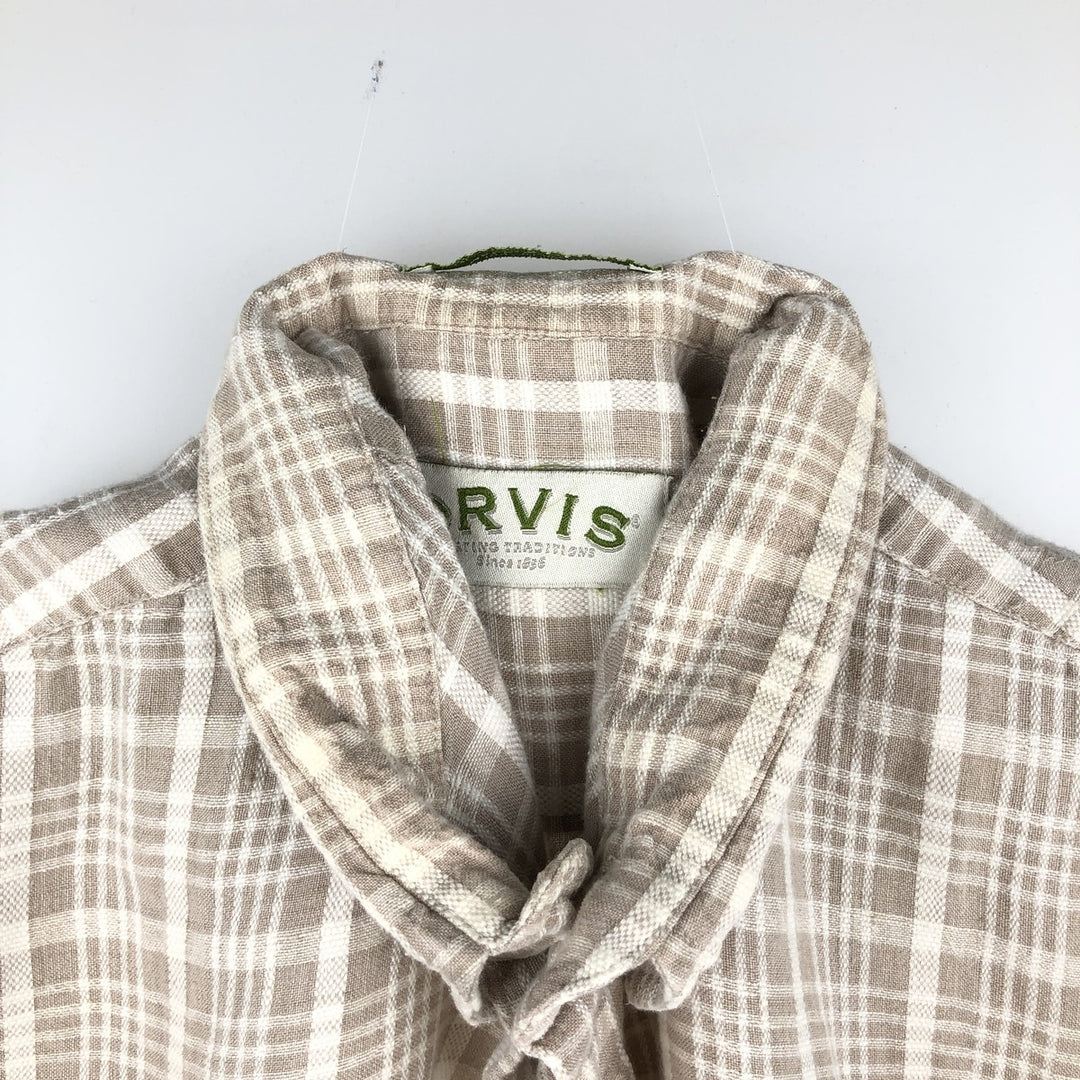 Orvis Check Pattern Short-Sleeve Linen Shirt, Boxy Shirt, Men's Size L (approx.) linen beige type brown Vintage Second Hand