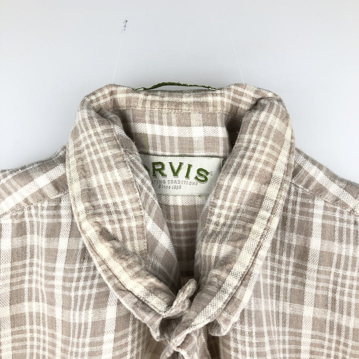 Orvis Check Pattern Short-Sleeve Linen Shirt, Boxy Shirt, Men's Size L (approx.) linen beige type brown Vintage Second Hand
