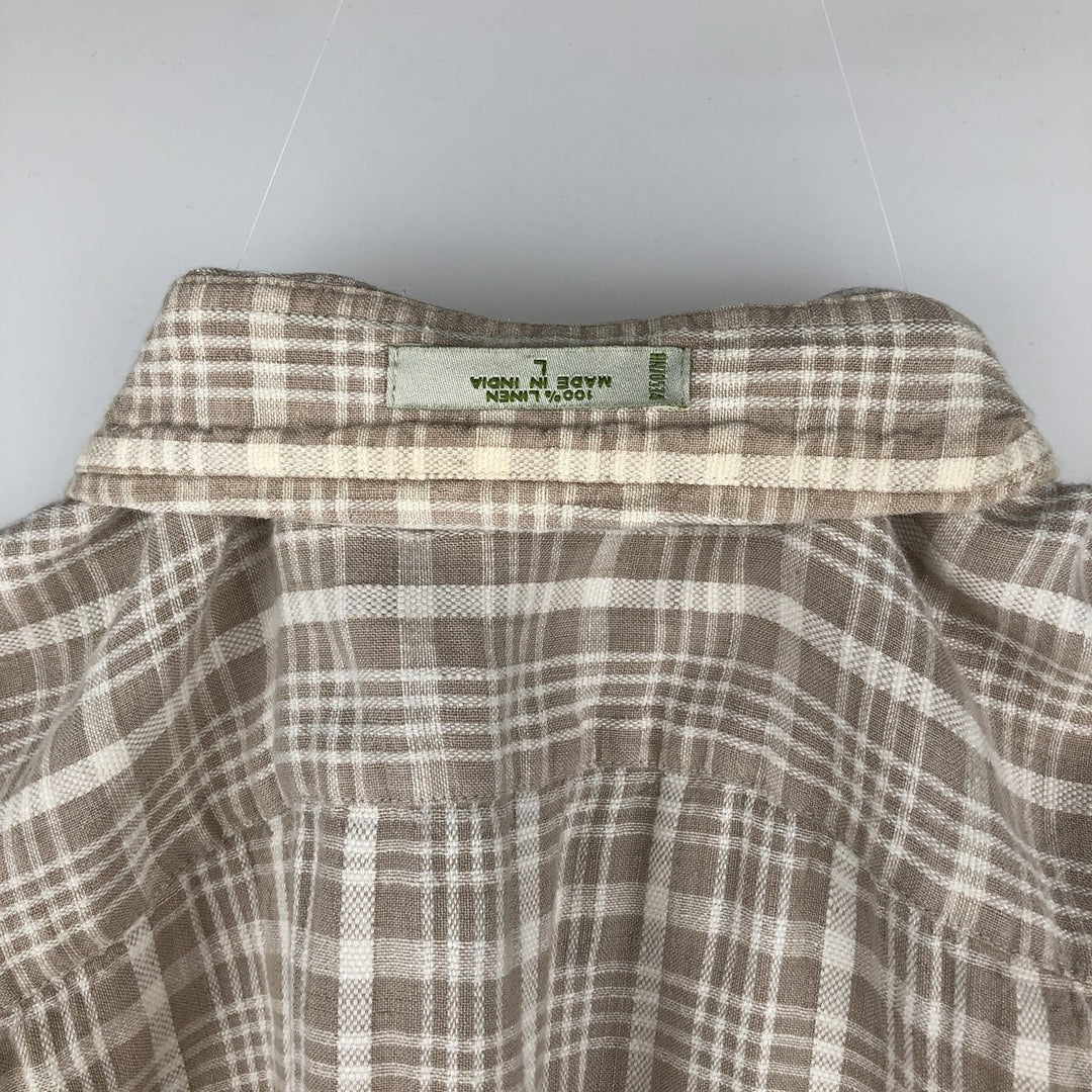 Orvis Check Pattern Short-Sleeve Linen Shirt, Boxy Shirt, Men's Size L (approx.) linen beige type brown Vintage Second Hand