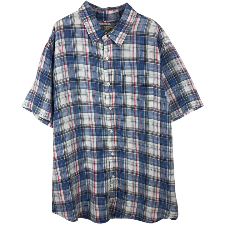 LLBean Slightly Fitted Check Pattern Short-Sleeve Linen Shirt (Men's Size XL) linen blue type Vintage Second Hand