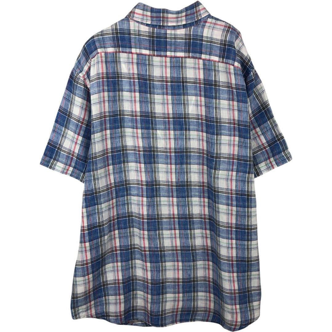 LLBean Slightly Fitted Check Pattern Short-Sleeve Linen Shirt (Men's Size XL) linen blue type Vintage Second Hand