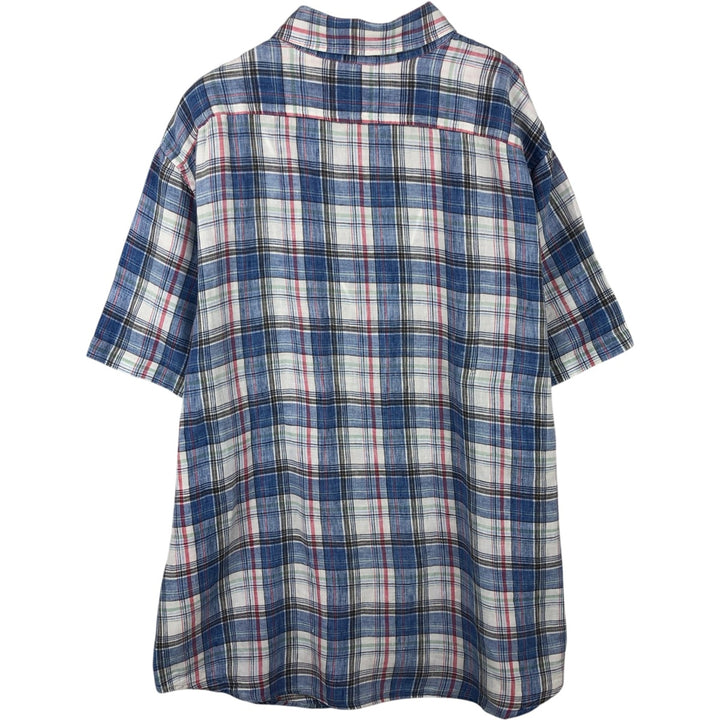 LLBean Slightly Fitted Check Pattern Short-Sleeve Linen Shirt (Men's Size XL) linen blue type Vintage Second Hand