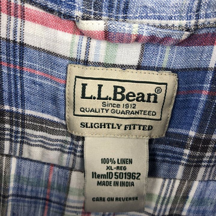 LLBean Slightly Fitted Check Pattern Short-Sleeve Linen Shirt (Men's Size XL) linen blue type Vintage Second Hand