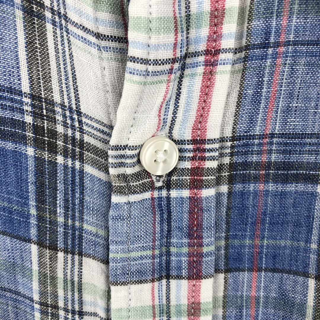 LLBean Slightly Fitted Check Pattern Short-Sleeve Linen Shirt (Men's Size XL) linen blue type Vintage Second Hand