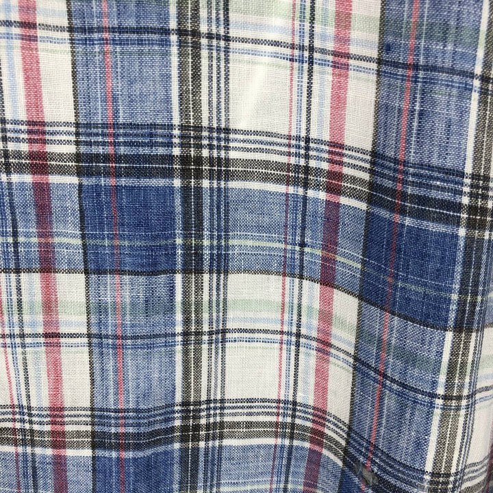 LLBean Slightly Fitted Check Pattern Short-Sleeve Linen Shirt (Men's Size XL) linen blue type Vintage Second Hand