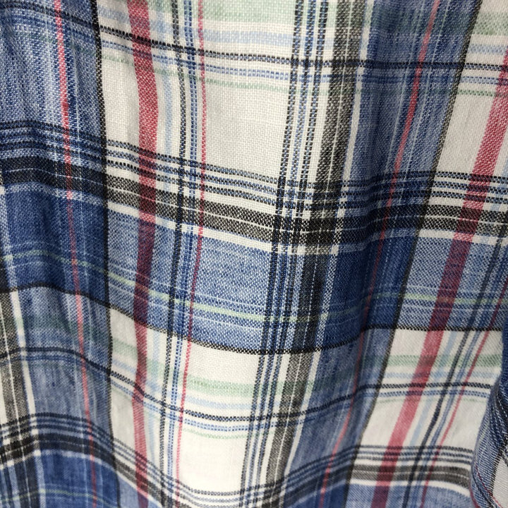 LLBean Slightly Fitted Check Pattern Short-Sleeve Linen Shirt (Men's Size XL) linen blue type Vintage Second Hand