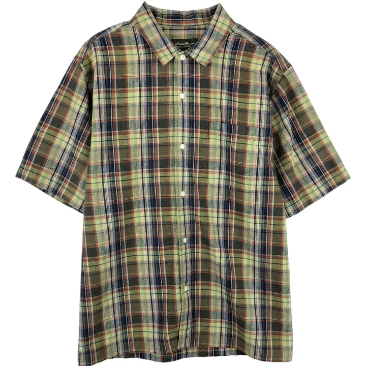 2000'S Eddie Bauer Relaxed Fit Check Pattern Short-Sleeve Cotton x Linen Box Shirt (Men's Size L) linen Khaki type Vintage Second Hand