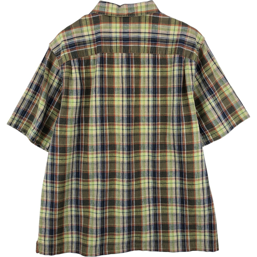 2000'S Eddie Bauer Relaxed Fit Check Pattern Short-Sleeve Cotton x Linen Box Shirt (Men's Size L) linen Khaki type Vintage Second Hand