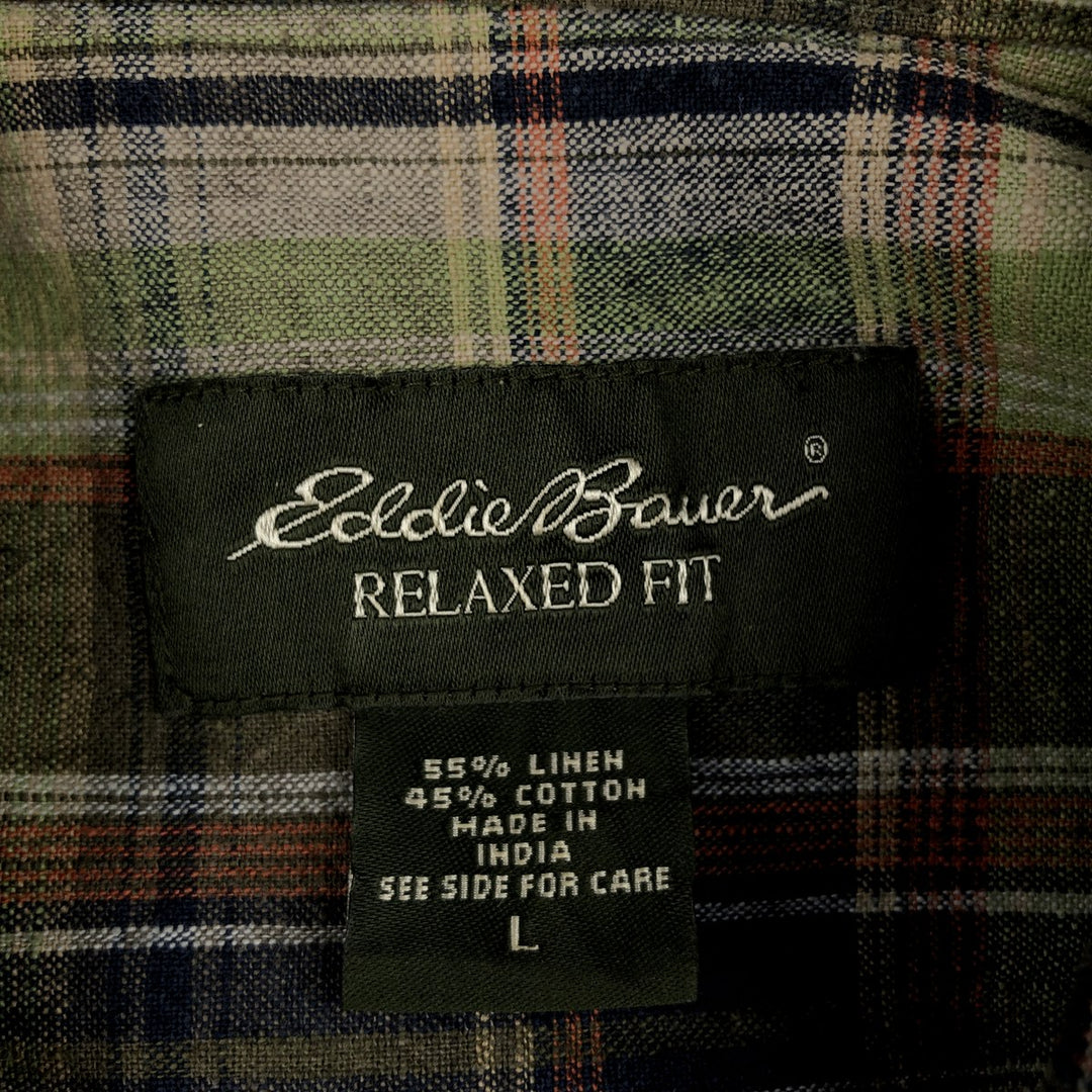 2000'S Eddie Bauer Relaxed Fit Check Pattern Short-Sleeve Cotton x Linen Box Shirt (Men's Size L) linen Khaki type Vintage Second Hand