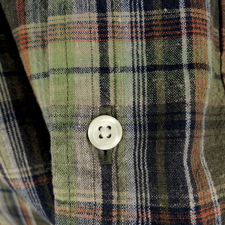 2000'S Eddie Bauer Relaxed Fit Check Pattern Short-Sleeve Cotton x Linen Box Shirt (Men's Size L) linen Khaki type Vintage Second Hand