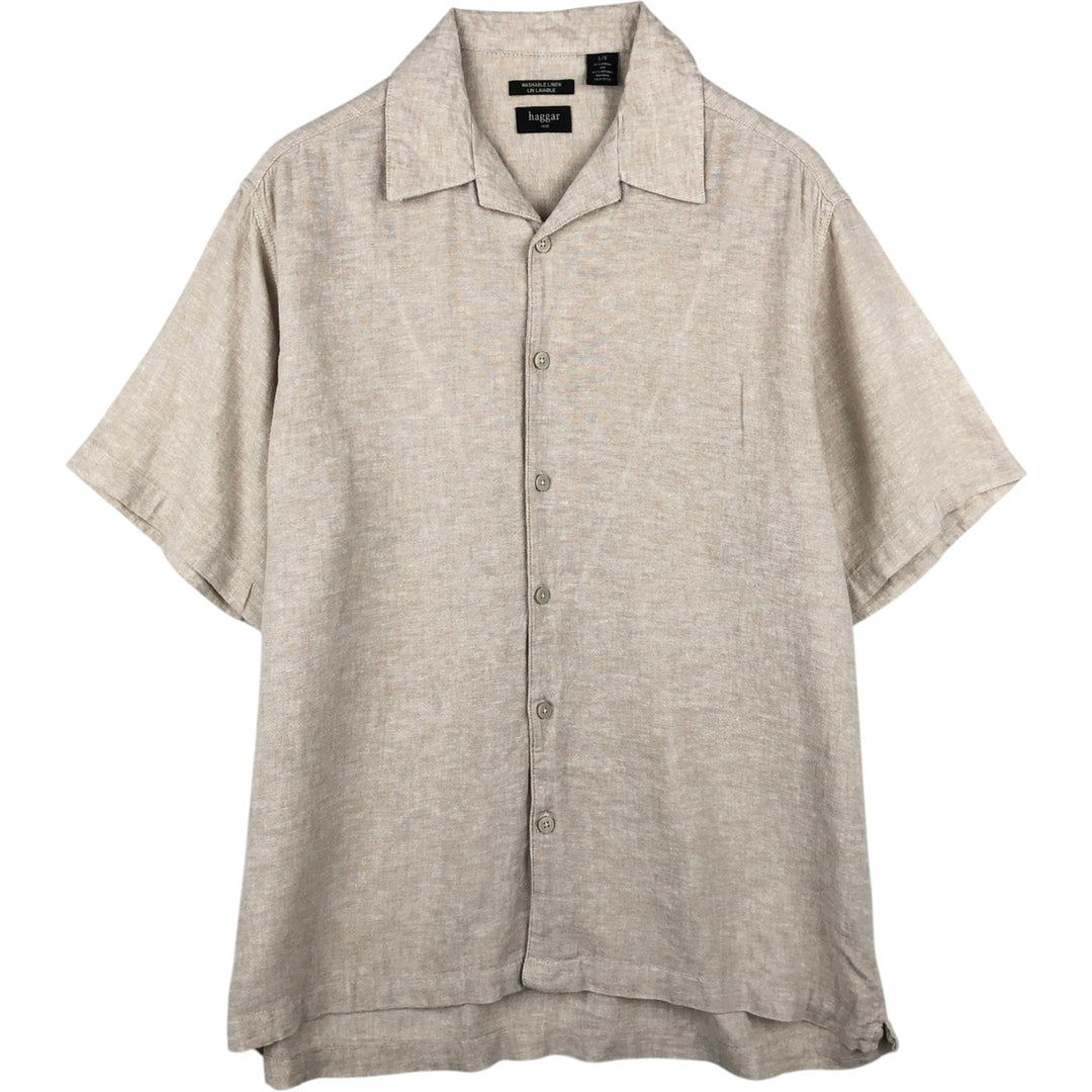 HAGGAR Short-Sleeve Open-Collar Rayon x Linen Shirt, Boxy Fit, Men's Size L (approx.) linen Beige type Vintage Second Hand