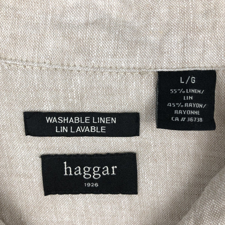 HAGGAR Short-Sleeve Open-Collar Rayon x Linen Shirt, Boxy Fit, Men's Size L (approx.) linen Beige type Vintage Second Hand