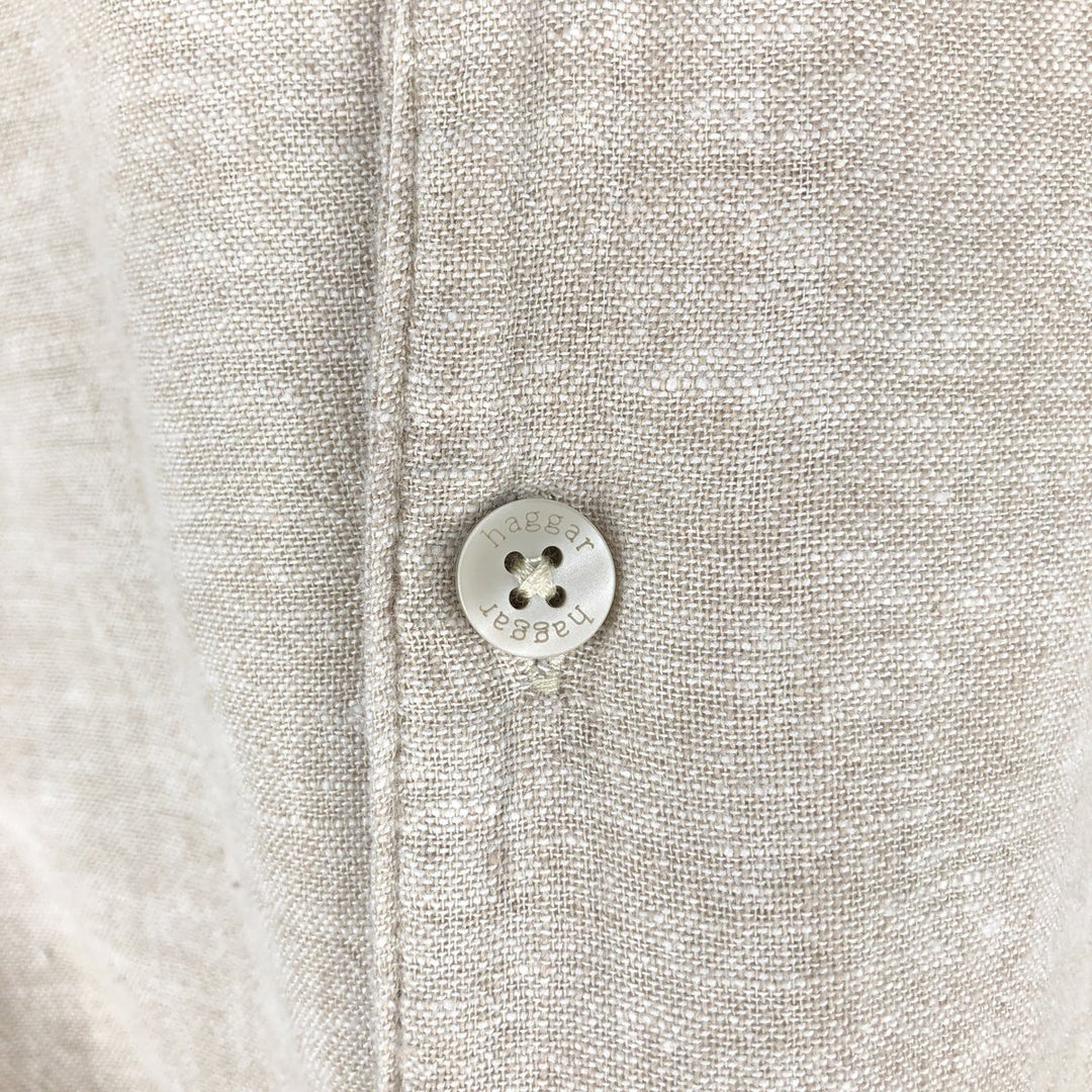 HAGGAR Short-Sleeve Open-Collar Rayon x Linen Shirt, Boxy Fit, Men's Size L (approx.) linen Beige type Vintage Second Hand