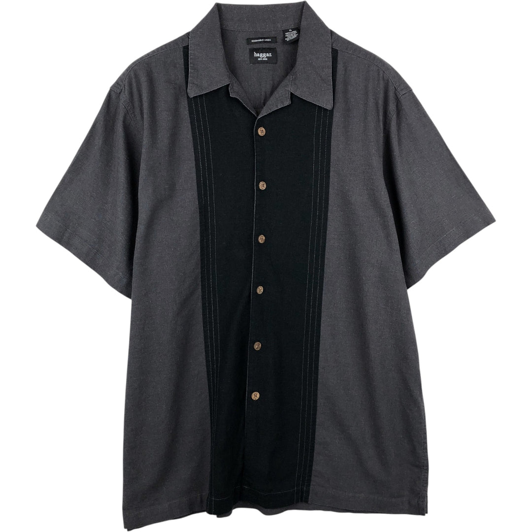Haggar Open Collar Short Sleeve Two-Tone Shirt, Boxy Shirt, Men's Size XL (approx.) linen Charcoal Vintage Second Hand