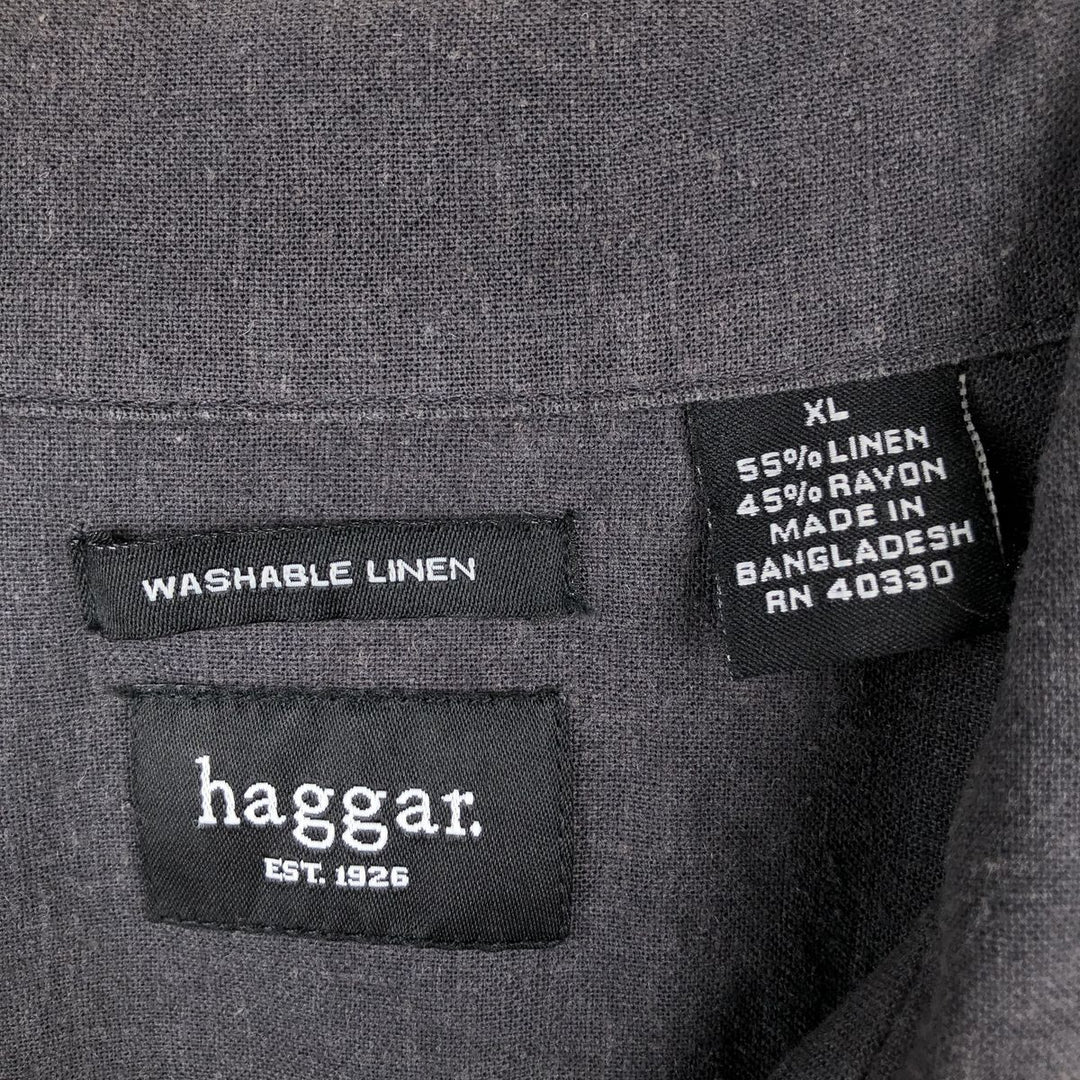 Haggar Open Collar Short Sleeve Two-Tone Shirt, Boxy Shirt, Men's Size XL (approx.) linen Charcoal Vintage Second Hand