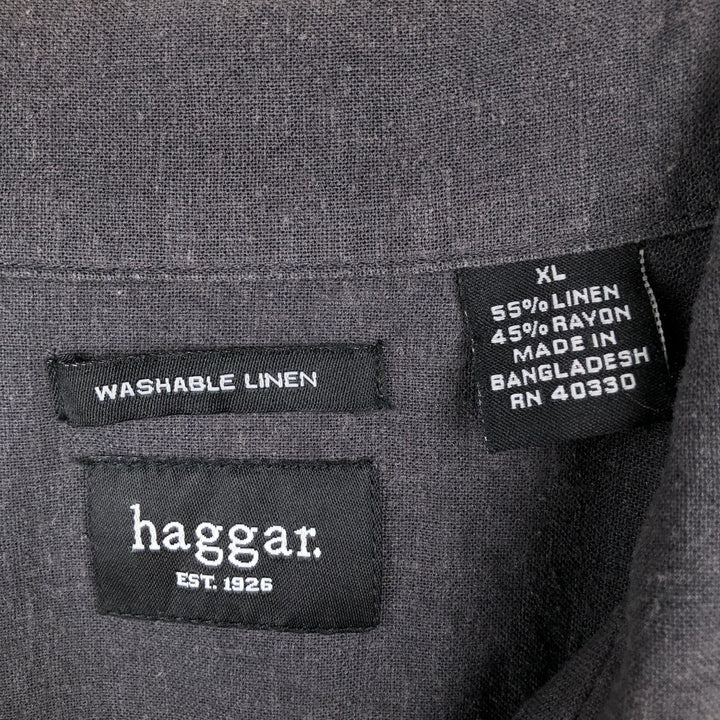 Haggar Open Collar Short Sleeve Two-Tone Shirt, Boxy Shirt, Men's Size XL (approx.) linen Charcoal Vintage Second Hand