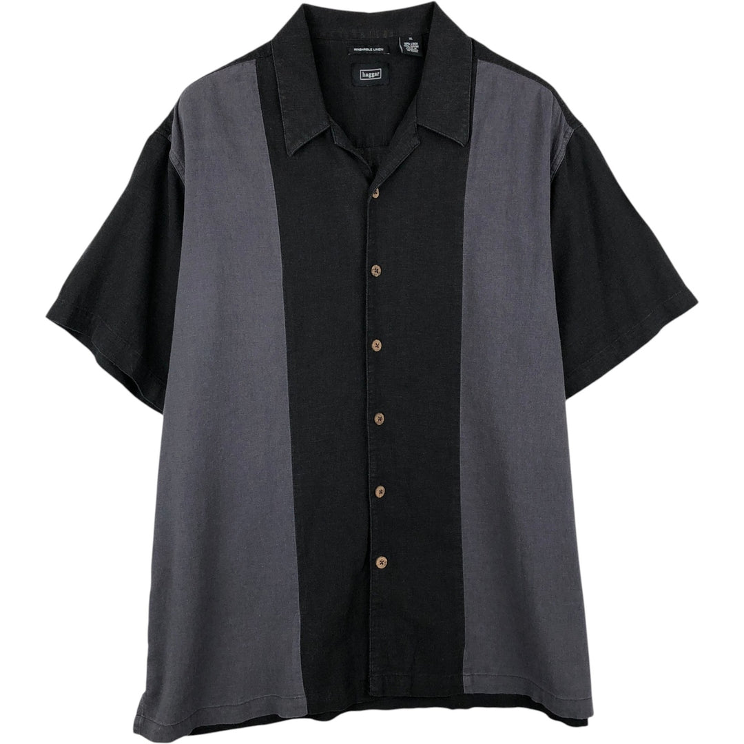 Haggar Linen x Rayon Open Collar Short Sleeve Two-Tone Shirt, Boxy Shirt, Men's XL Equivalent linen black type Vintage Second Hand